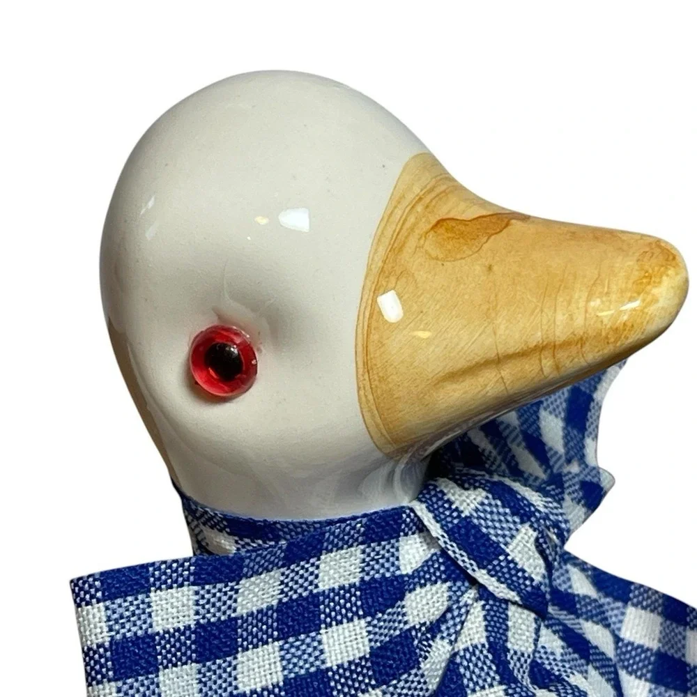 Ceramic Country Farmhouse Goose Blue Gingham Neck Ribbon & Red Beaded Eyes 5